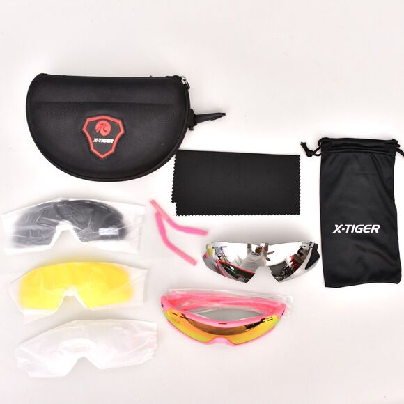 X-TIGER SUNGLASSES 5 INTERCHANGEABLE LENSES POLARIZED HI CONTRAST CHROME PINK - Picture 1 of 4